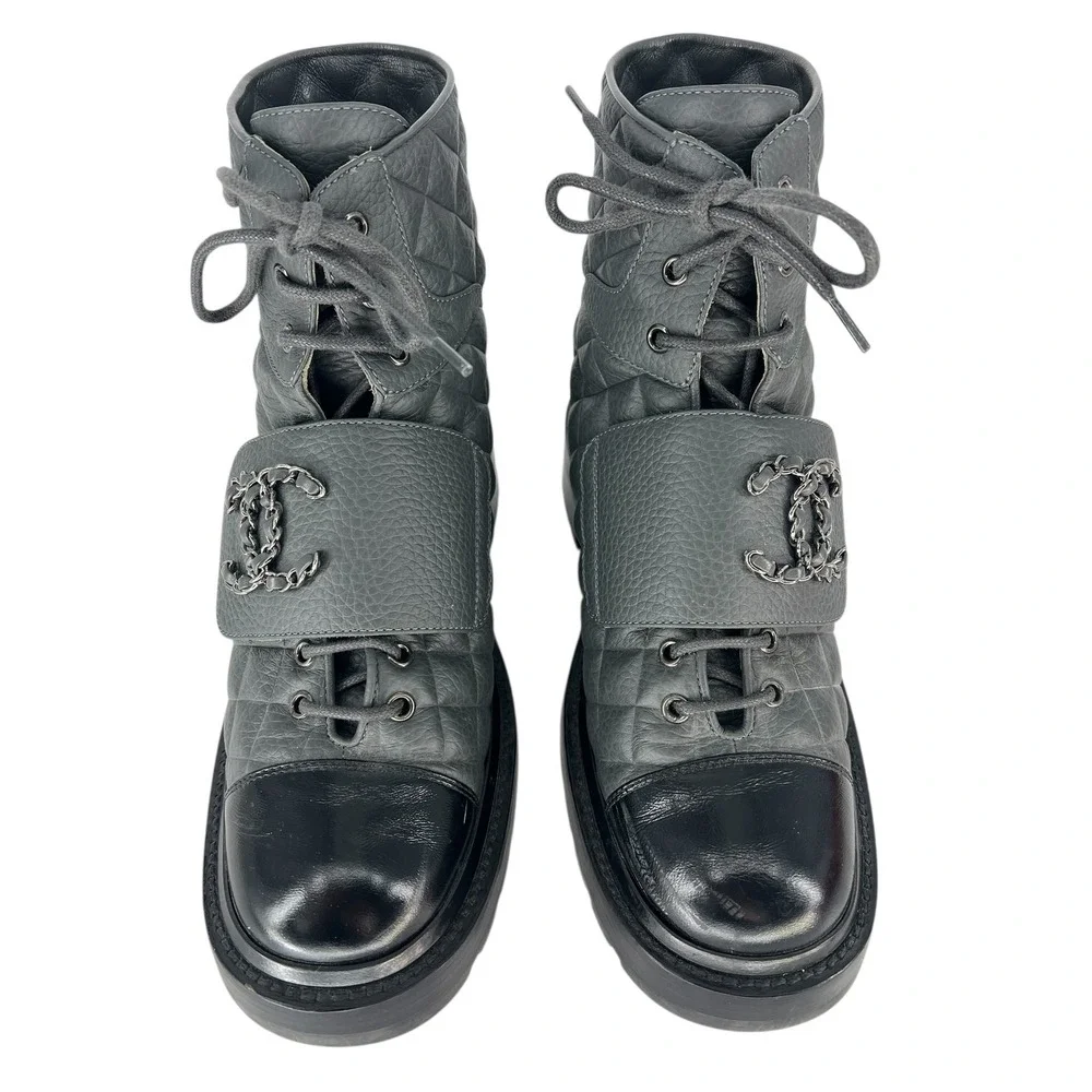 Chanel 2022 CC Chain Quilted Cap Toe Logo Combat Boots in Gray & Black Size 39.5